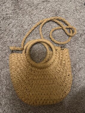 Woven Straw Circle Handle Crossbody Bag - Tan